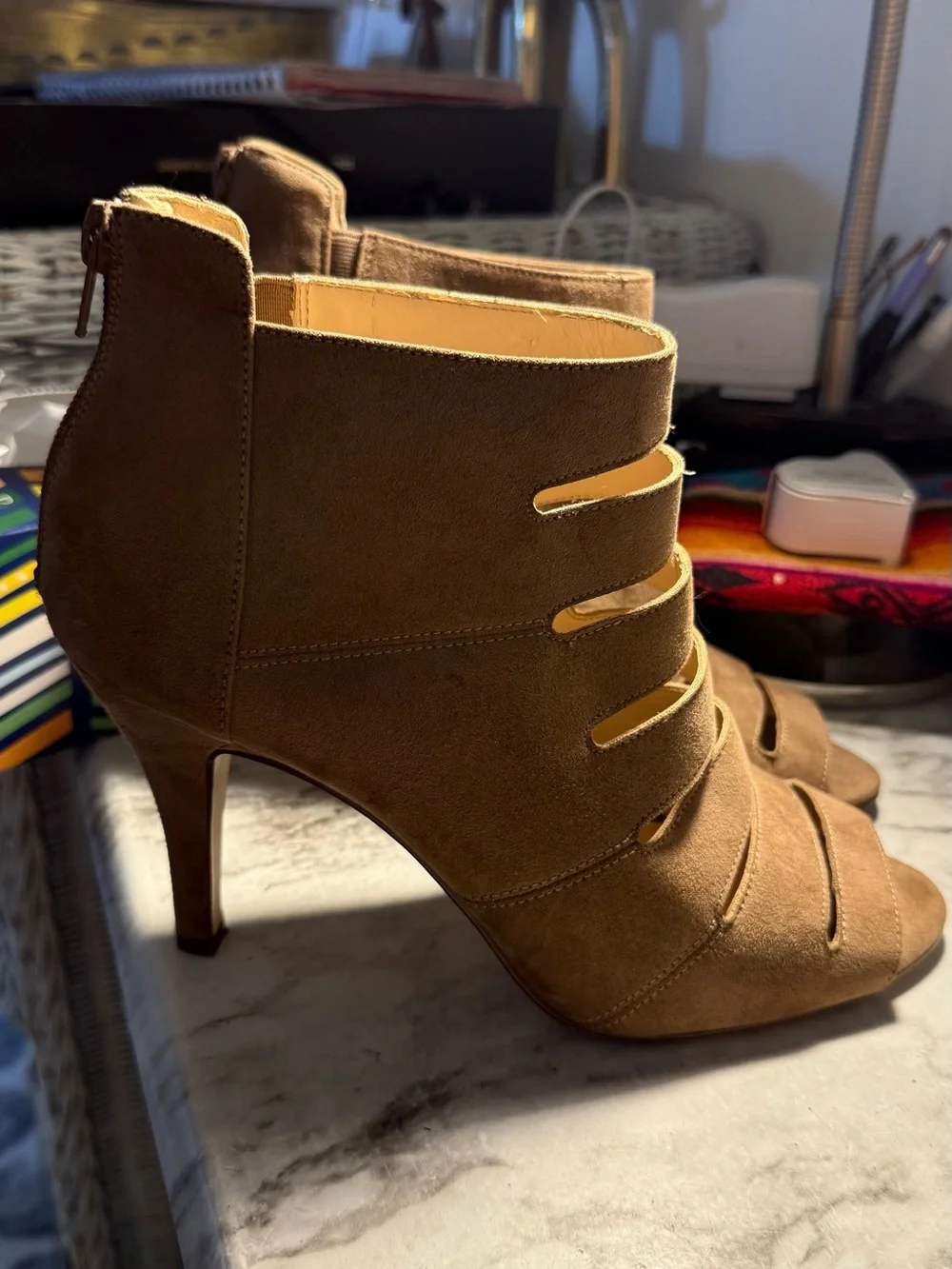 Open-Toe Strappy Ankle Booties in Tan Suede